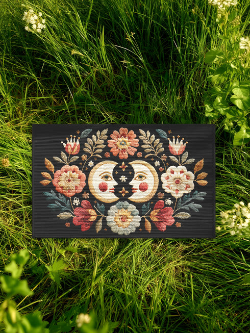 Witchy outdoor doormat featuring a central all-seeing eye, crescent moons, and floral details in an embroidery-style design. This weatherproof welcome mat measures 26x18 inches and is ideal for porches or patio entries. Symbolic celestial motifs offer intuitive protection and spiritual elegance for magical home decor.